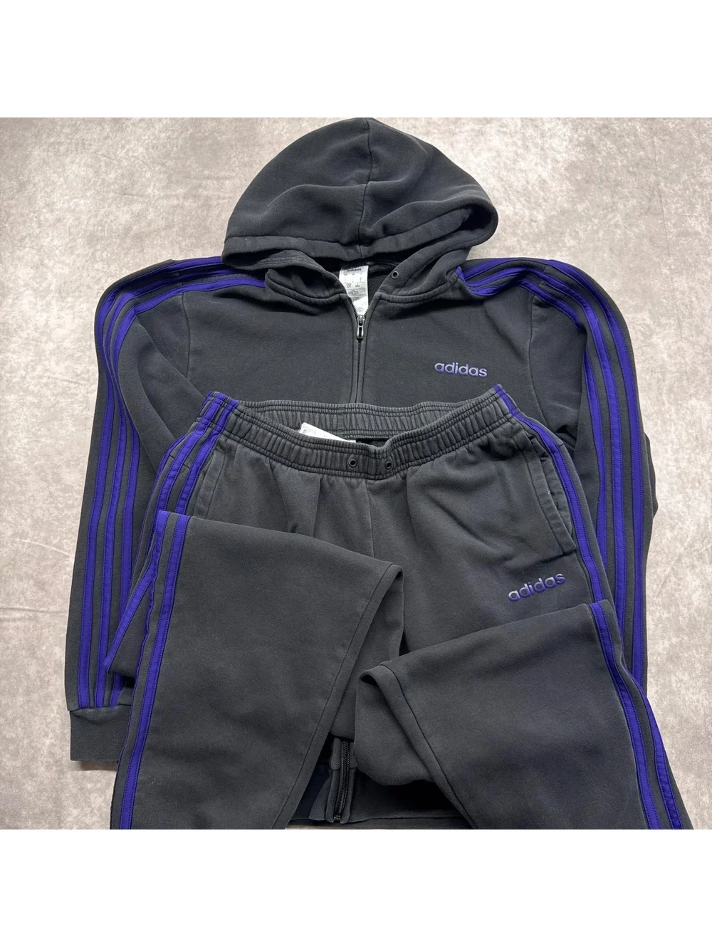 Adidas 3-Stripes Fleece Tracksuit Set Full Zip Hoodie Sweatpants Black Purple L